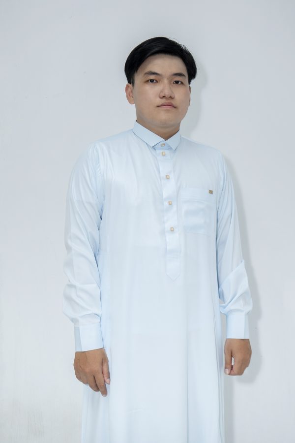 Light Blue Classic Band Collar Thobe - Image 4