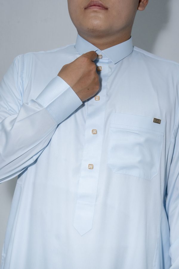 Light Blue Classic Band Collar Thobe - Image 3