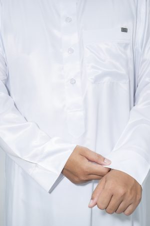 White Silky Band Collar Thobe