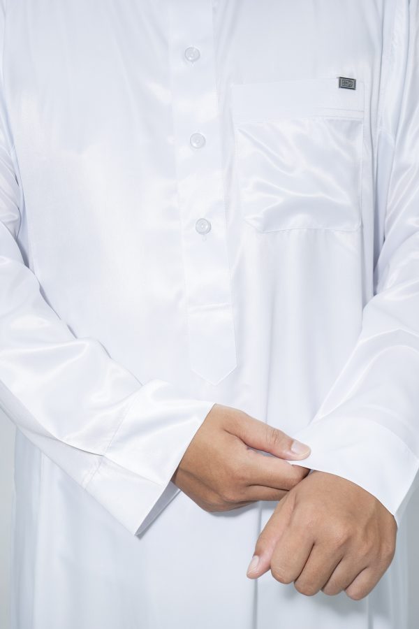 White Silky Band Collar Thobe