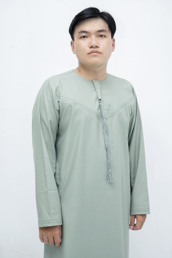 Muted Green Classic Band Collar Thobe - Image 3