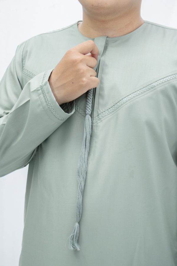 Muted Green Classic Band Collar Thobe - Image 2