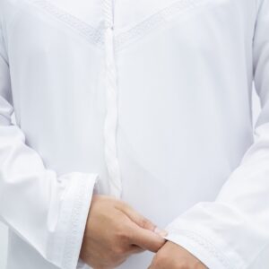 White Classic Cotton Fabric Embroidery Band Collar Tassel Thobe