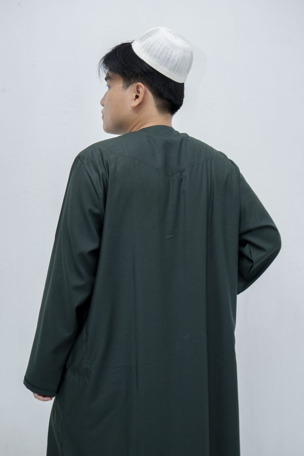 Dark Green Classic Band Collar Thobe - Image 3