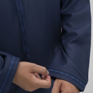 Navy Blue Classic Cotton Fabric Embroidery Band Collar Tassel Thobe