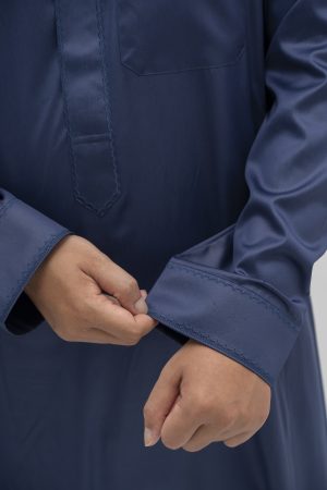 Navy Blue Classic China Collar Embroidery Thobe